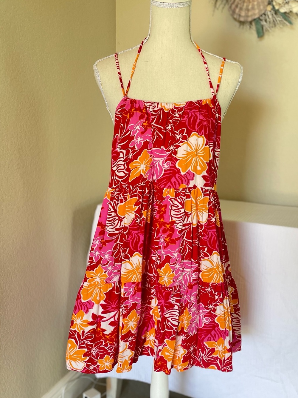 ROXY Hawaiian print Vibrant Floral Halter Sundress in Red, Pink & Orange SZ MED